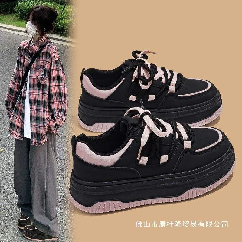 Niche Original Black Pink Women's Shoes 2025 New Spring Casual Women's Shoes Versatile Thick Sole Sports Skate Shoes