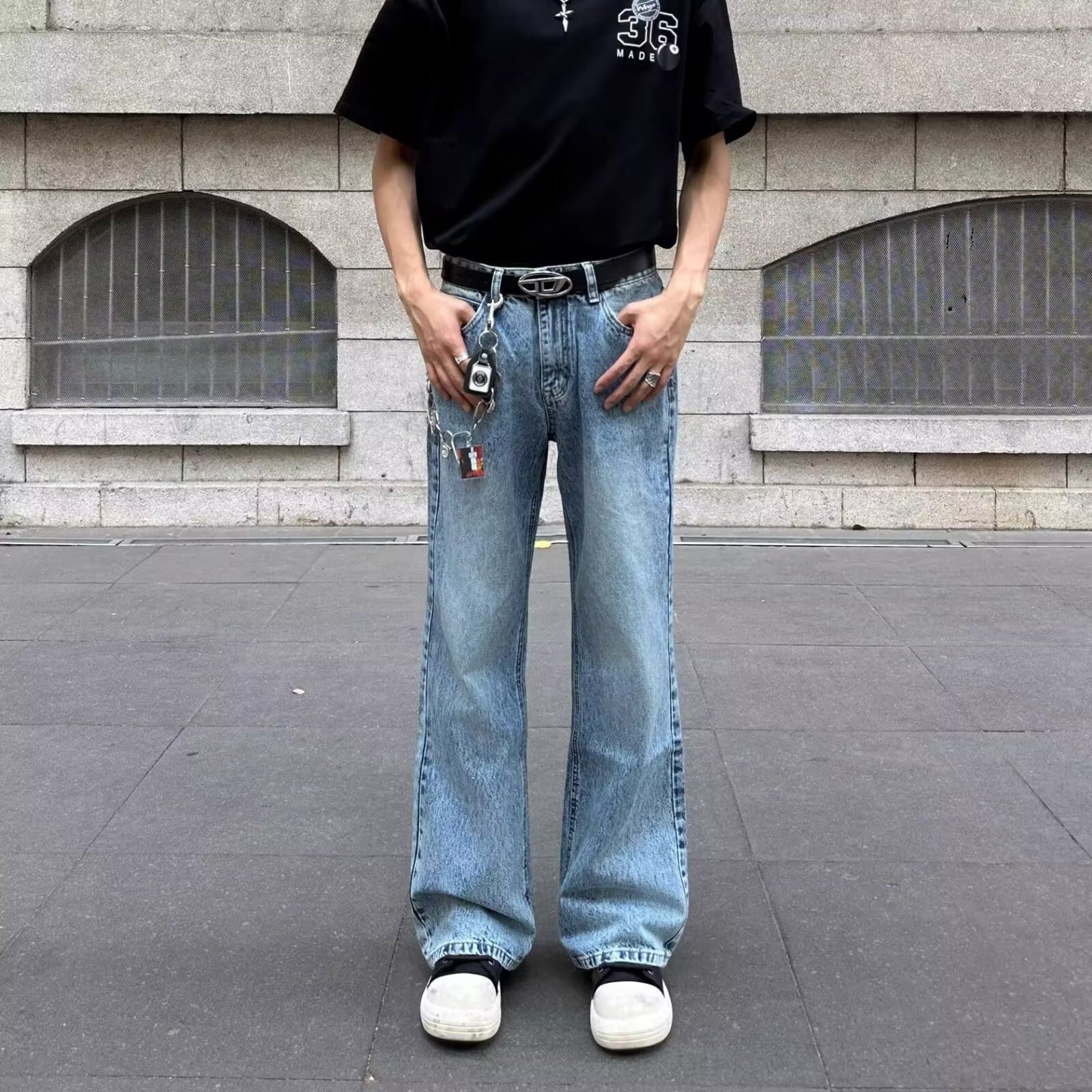 [Cross-border Wholesale] Slim Light Blue Jeans for Men Spring American High Street Washed Cleanfit Flared Pants