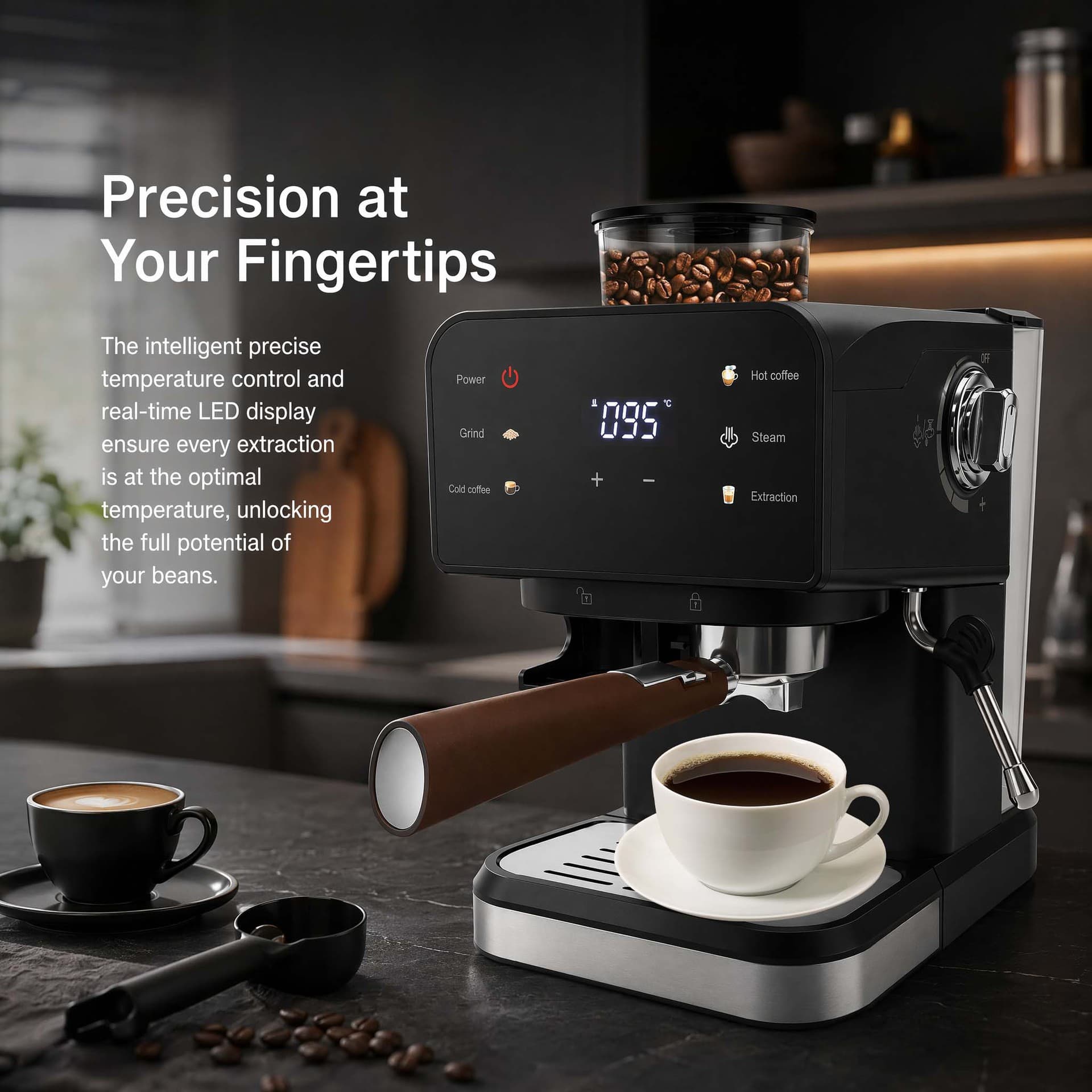 Cross-border EU Standard Semi-Automatic Coffee Machine with Grinder, 20 Bar High Pressure Italian Espresso Extraction, Milk Frother