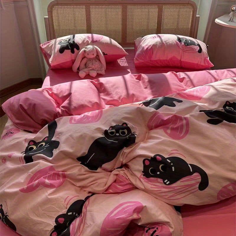 Fashionable High-Aesthetic Washed Cotton Dopamine Black Cat 4-Piece Set Student Dorm Bed Sheet Duvet Cover 3-Piece Bedding