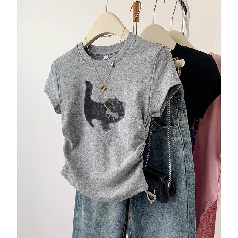 2026 New Gray Cat Print Regular Shoulder Short Sleeve T-Shirt for Women Summer Petite Slim Fit Cropped Top