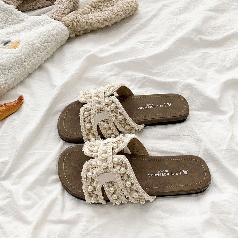Large Size Women's Shoes 41-43 Gentle Style Pearl French Vacation Sandals Slide Slippers 42 Women's Outdoor One-Band Slippers