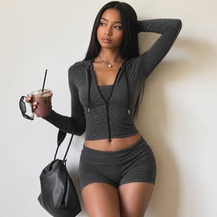 European and American Casual Sporty Striped Knit Double Zipper Hooded Cardigan Jacket + Crop Top + Folded Waist Shorts Set