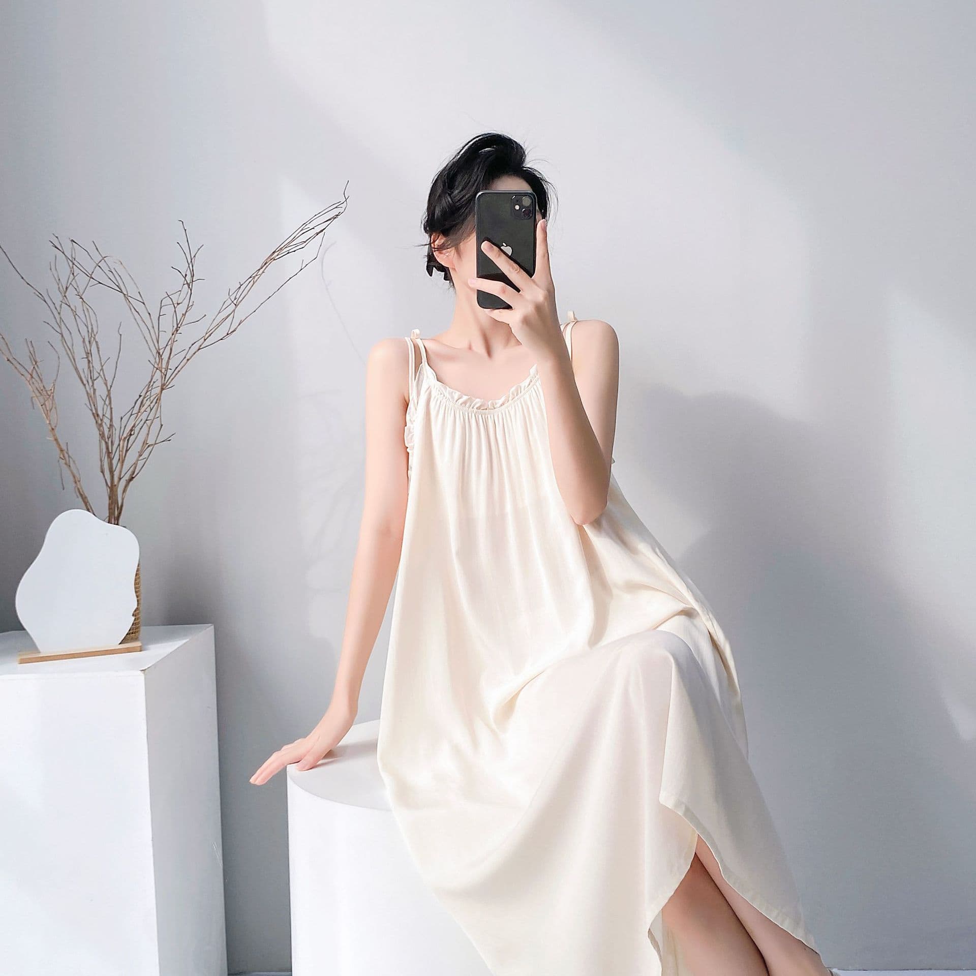 Cotton Silk Camisole Sleep Dress for Women, Spring/Summer Thin Style, Sweet Girl Long Dress, Wearable as Loungewear or Outfit, Cotton Silk Dress