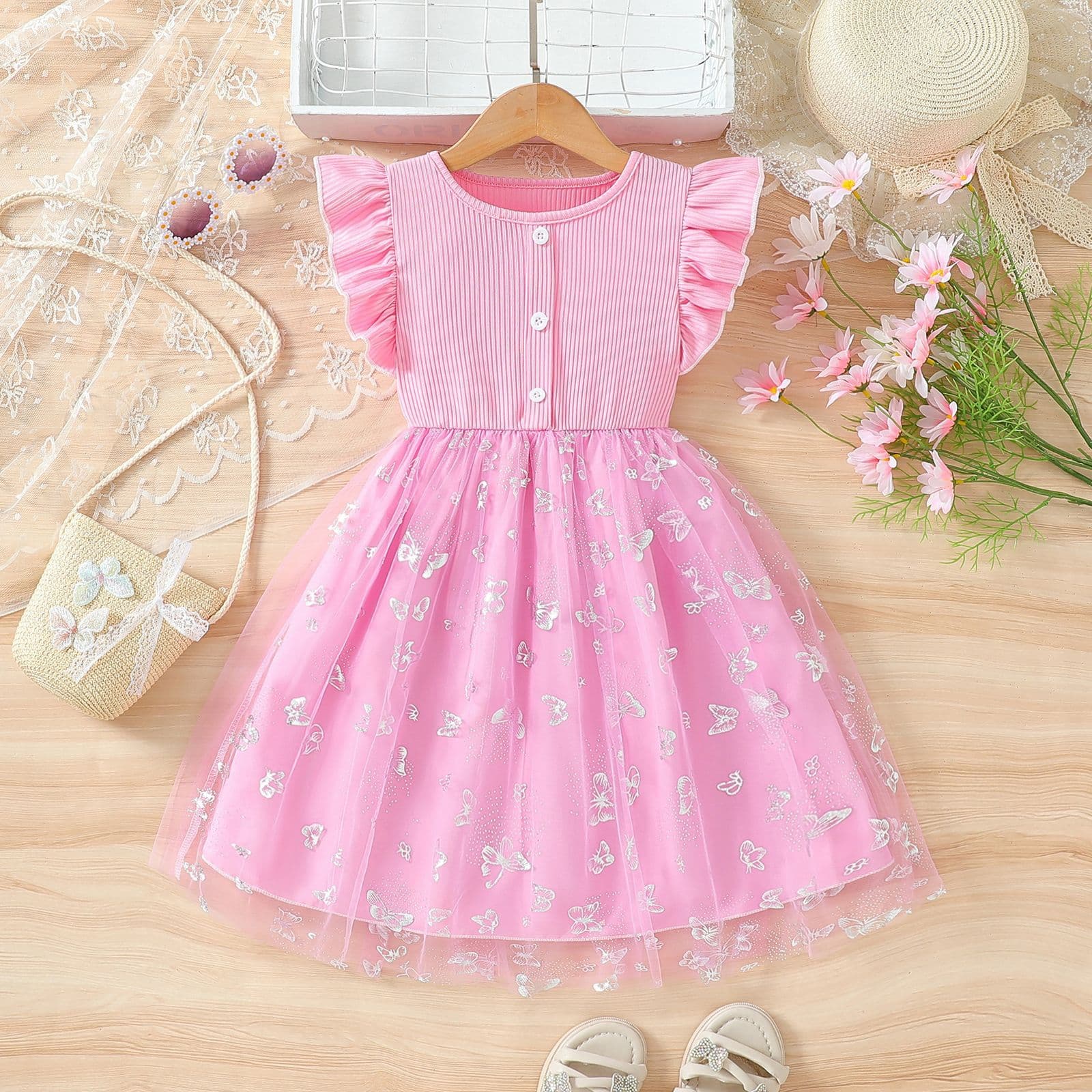 Summer Girls' Flying Sleeve Floral Embroidered Mesh Children's Dress Little Princess Dress with Bow
