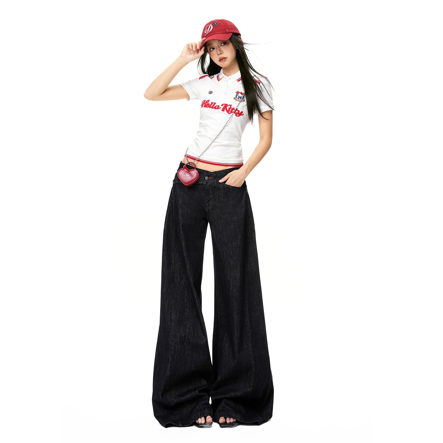 Red buttonhole low-waist original color jeans for women 2026 new hot girl irregular waist casual loose wide-leg pants