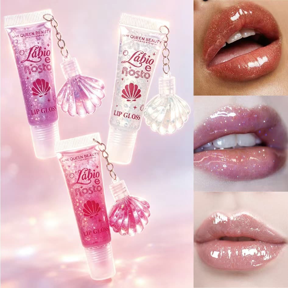 Foreign trade sequin transparent mirror water gloss lip oil hose love pendant lip glaze lip gloss printing box tube body LOGO
