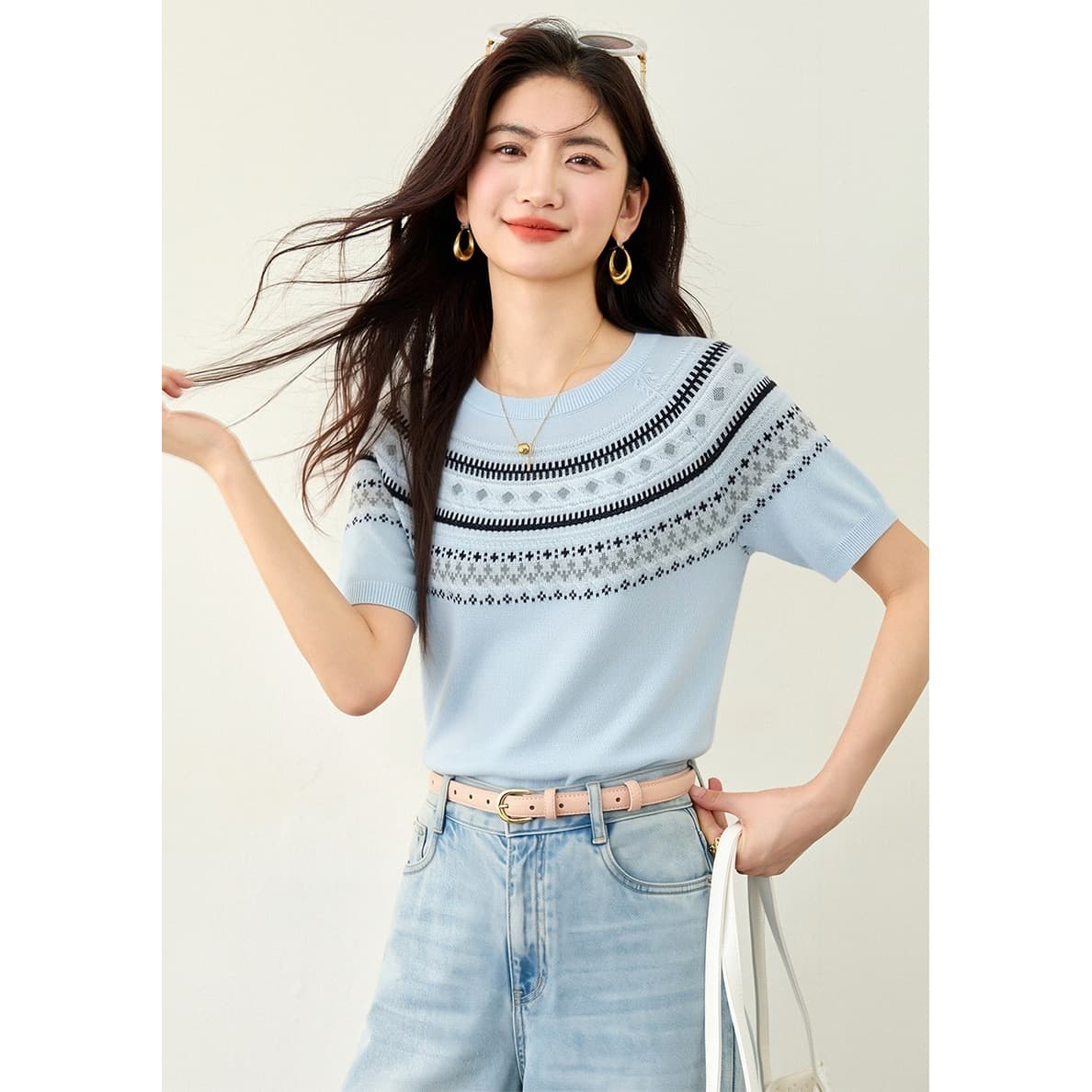 Fair Isle Jacquard Knit Short Sleeve Sweater for Women, 2026 Summer New Pretty Short Style Super Nice Top