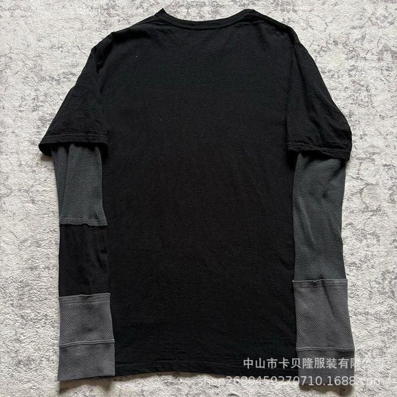 Y2K High-Street Color-Block Base Layer Black Short Sleeve Outer Layer Gray Waffle Long Sleeve T-Shirt Unisex