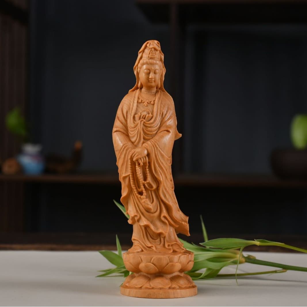 Yaibai Real Wood Carving Guanyin Buddha Statue Ornament Craftwork Yellow Buxus Sculpture Decorative Figurine for Home And Office