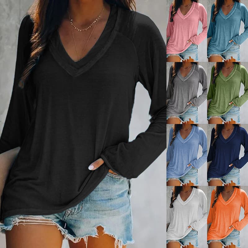 2026 Autumn New European and American Cross-Border Amazon One-Piece Order Minimum Order Printed Long-Sleeve V-Neck T-Shirt Women's Clothing