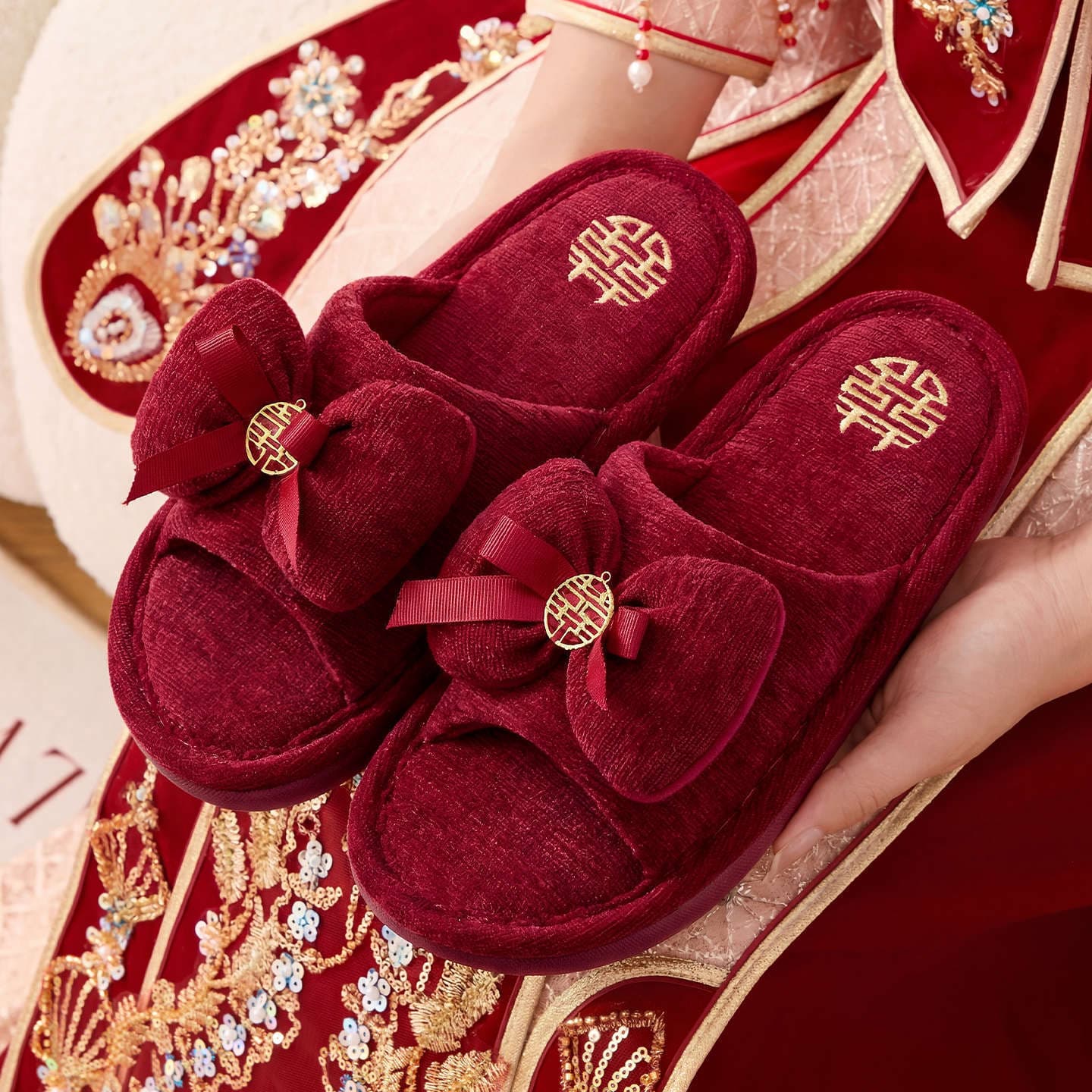 Adult Wedding Open-Toe Red Slippers Couple Style Indoor Festive Newlywed Dowry Light Luxury High-End Wedding Shoes