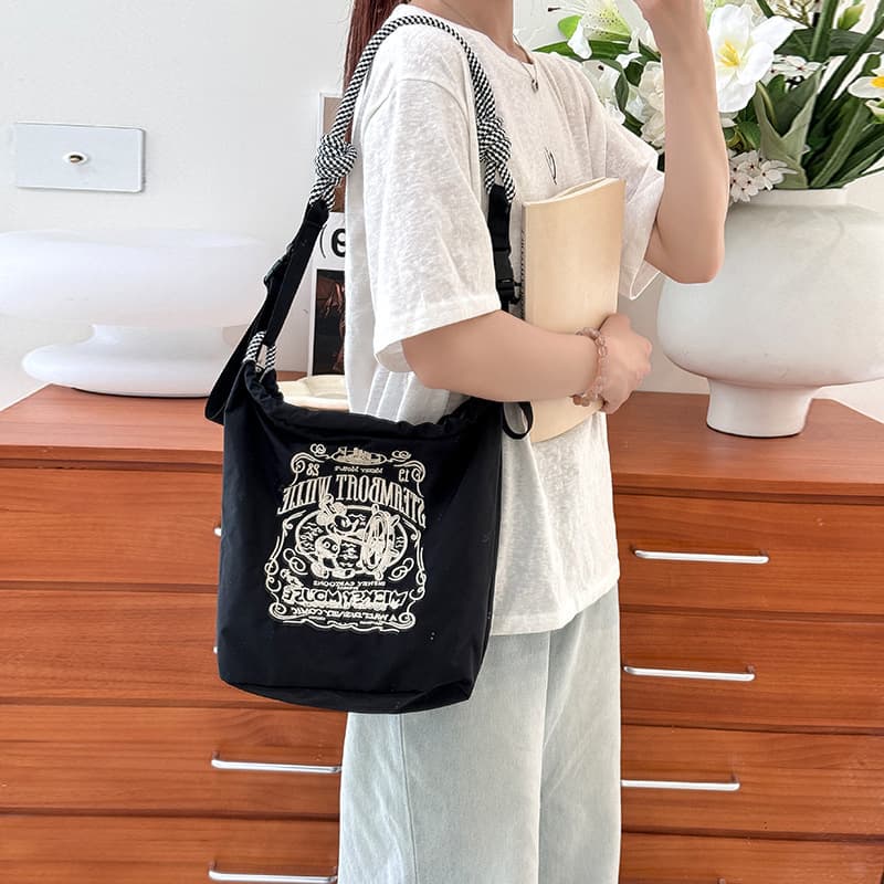 Ballchain Women's Bucket Bag, Embroidered Eco-Friendly Canvas Bag, Trendy Shoulder Bag, Nylon Crossbody Bag