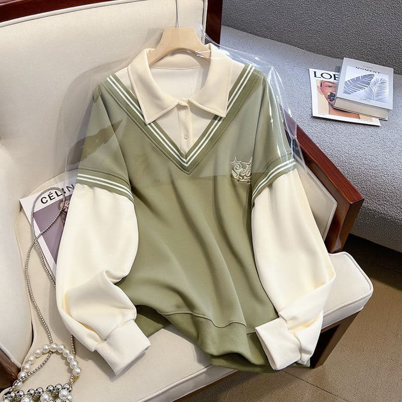 2-300 lbs Plus Size Designer Polo Collar Sweatshirt Women Spring Autumn Trendy Loose Casual Layered Top