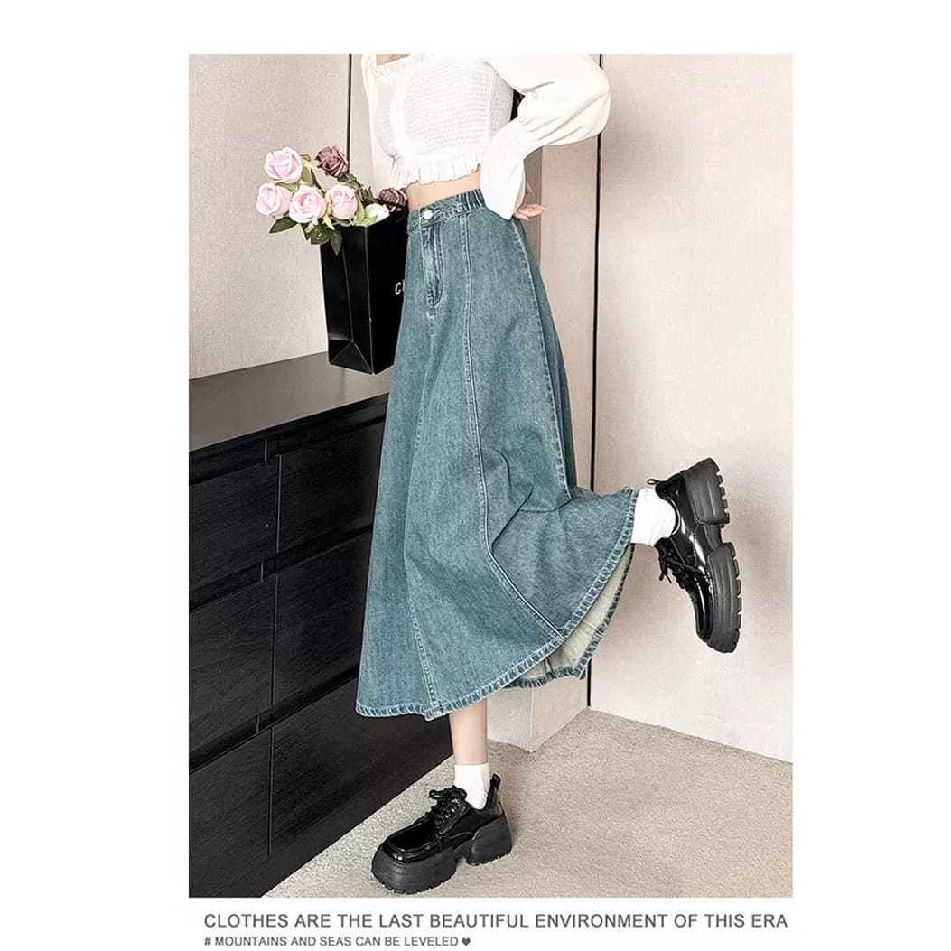 Slim Fit Summer New Korean Style Denim Skirt Thin Hanging Sensation Women's Long Visual Effect Umbrella Skirt Cotton Material