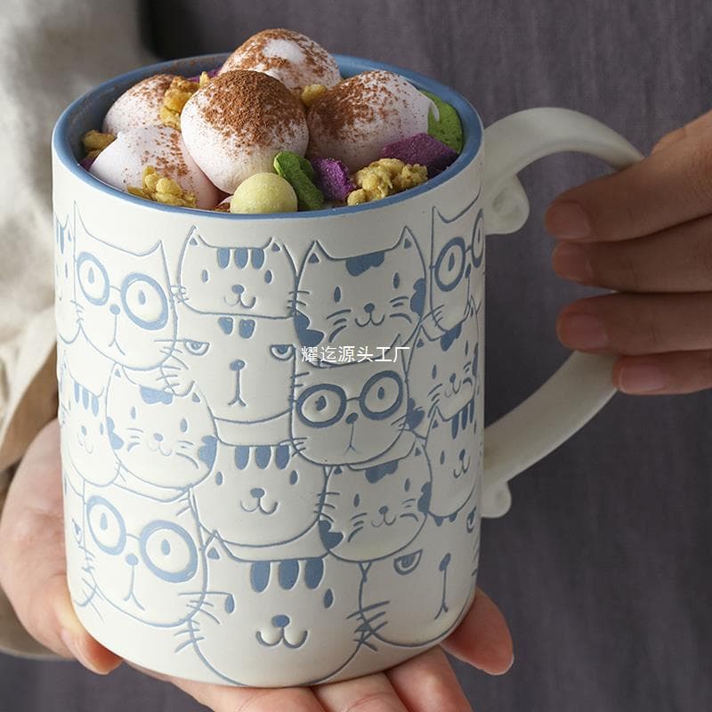 Ceramic underglaze hand-painted cute cat mug, drinking cup, breakfast cup, oatmeal cup, couple mug, microwave safe