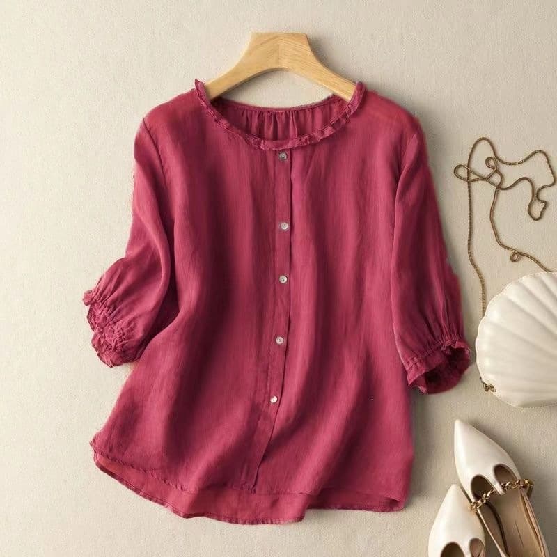 Seven-Quarter Sleeve Stylish Slim-Fit Blouse 2026 Summer Mom Fashion Breathable Cotton-Linen Top Burgundy Pullover Shirt for Women