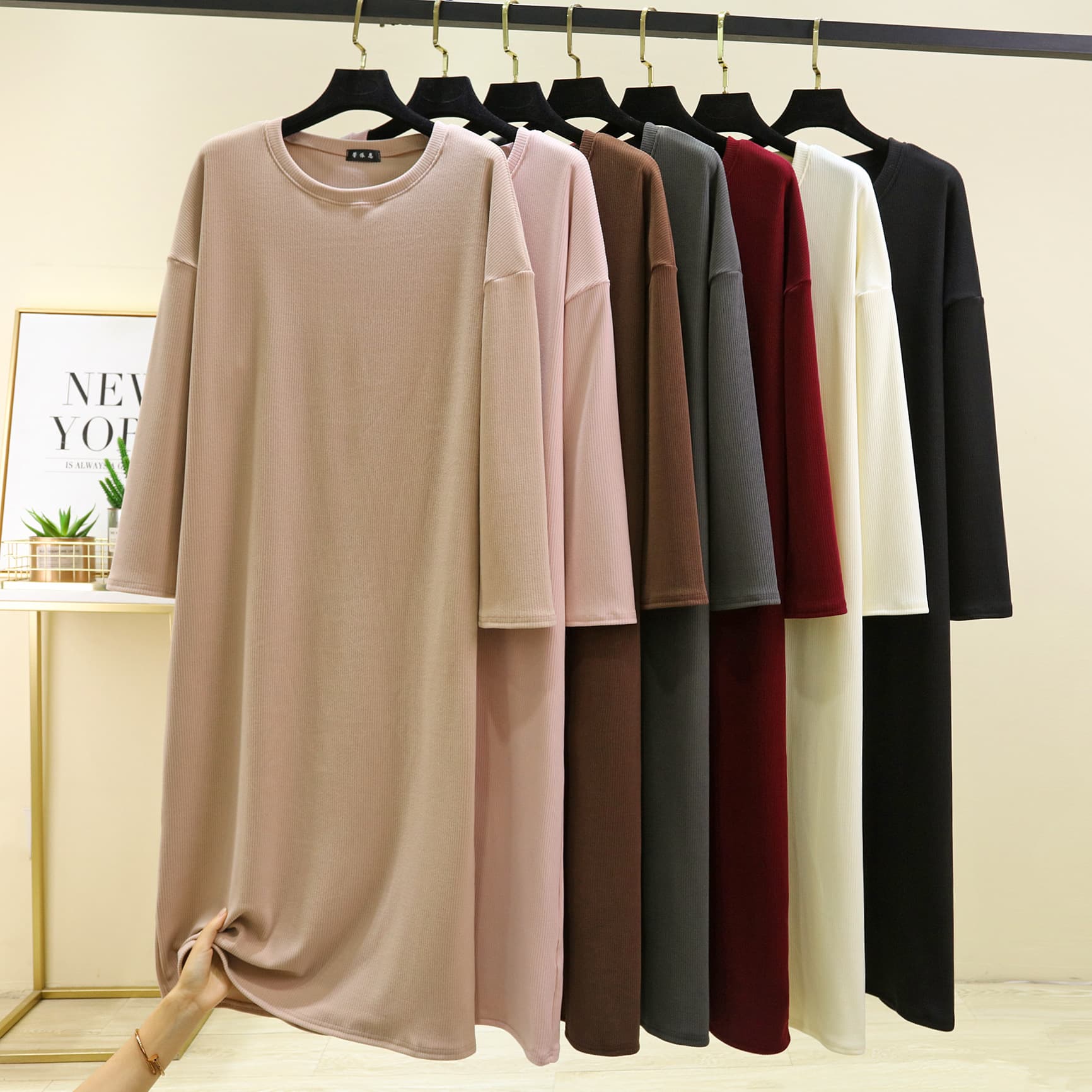 New Autumn/Winter De-velvet Round Neck Drop Shoulder Long Sleeve Dress Brushed Skin-Friendly Plus Size Nightgown Casual Simple Home Dress