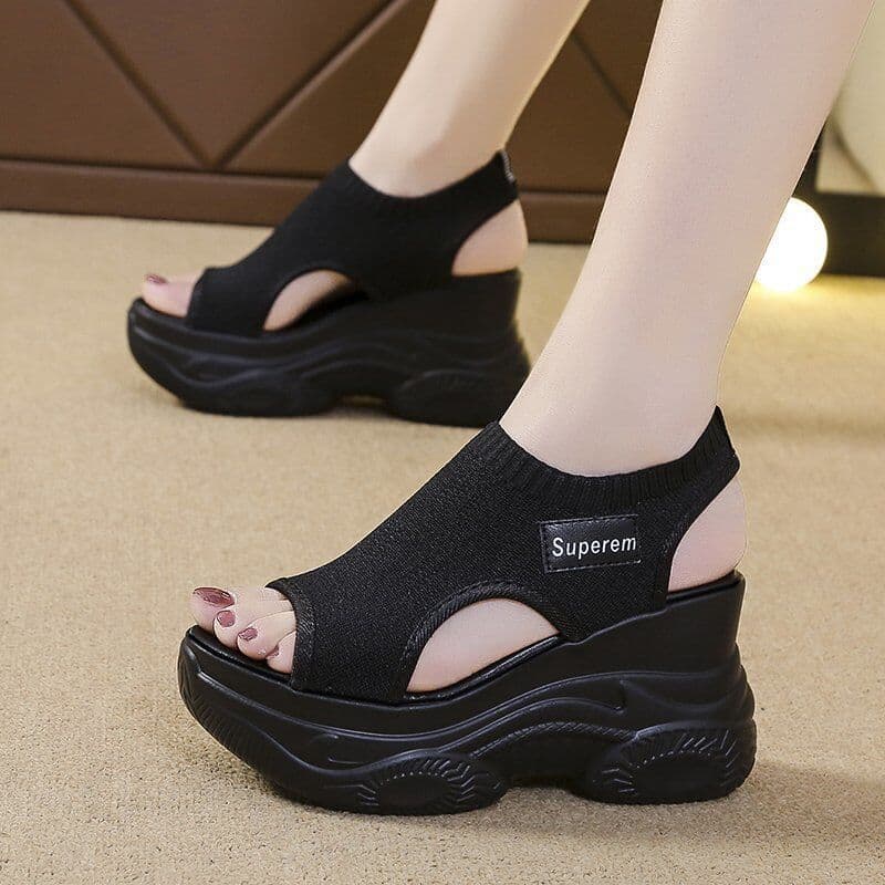 Popular Summer New Knitted Peep-Toe Shoes Fairy Style Platform High Heel Fly Knit Wedge Thick Sole Sports Women's Sandals