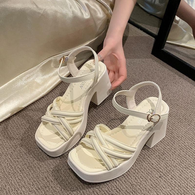 Women's Sandals 2026 Summer Mid Heel French Style Block Heel One-Strap Gentle Fairy Style Dress Sandals