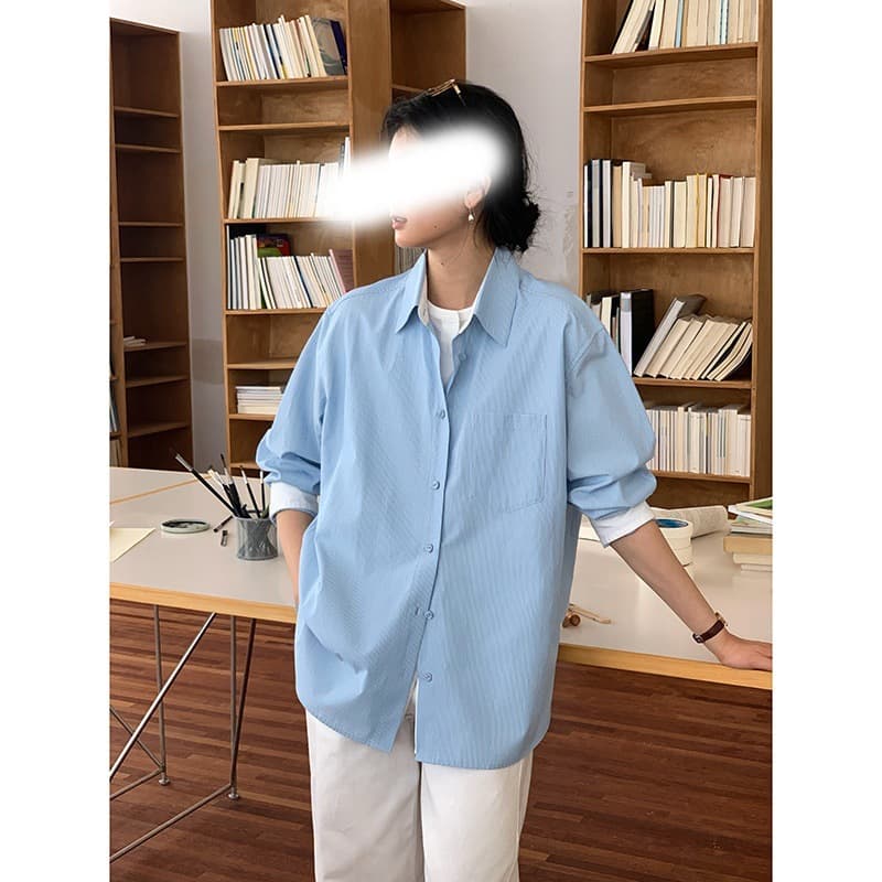 Spring New Arrival Layered Simple Blue Striped Faux Two-Piece Shirt for Women, Elegant Top