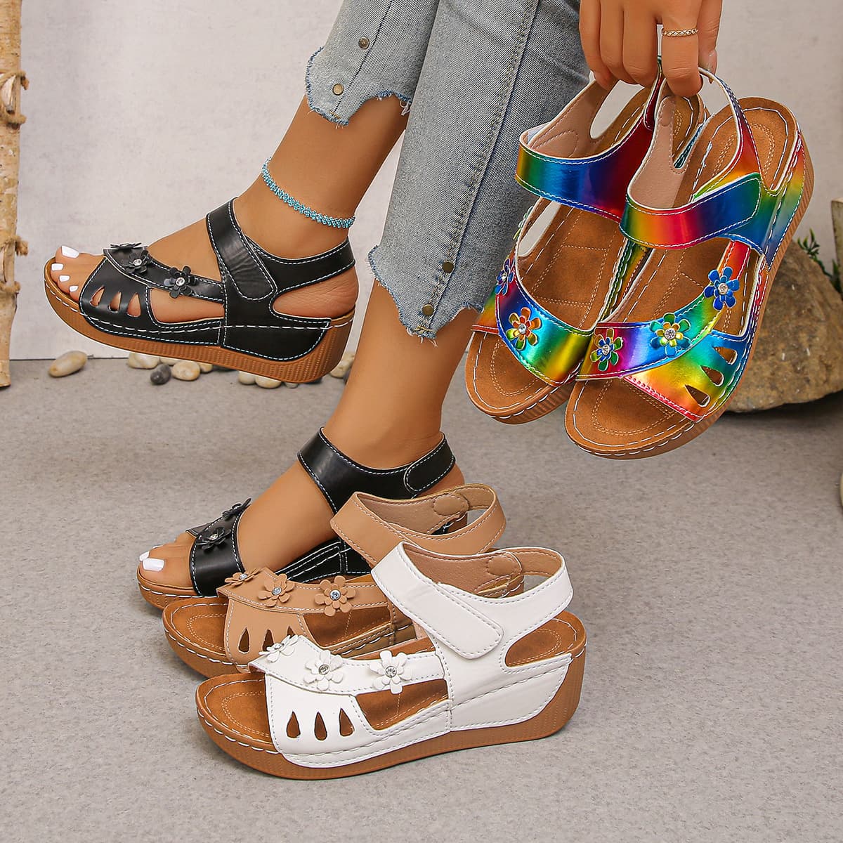 2026 Summer New Wedge Sandals for Women, Thick Sole with Velcro, Floral Hollow Out, European and American Fashion Beach Shoes