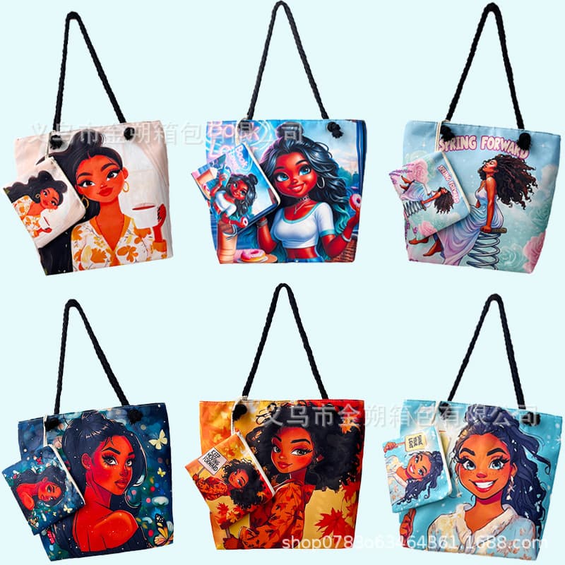 Large and small bags 2-in-1 classic outdoor practical versatile canvas bag cartoon printed bag large capacity tote bag Twitter