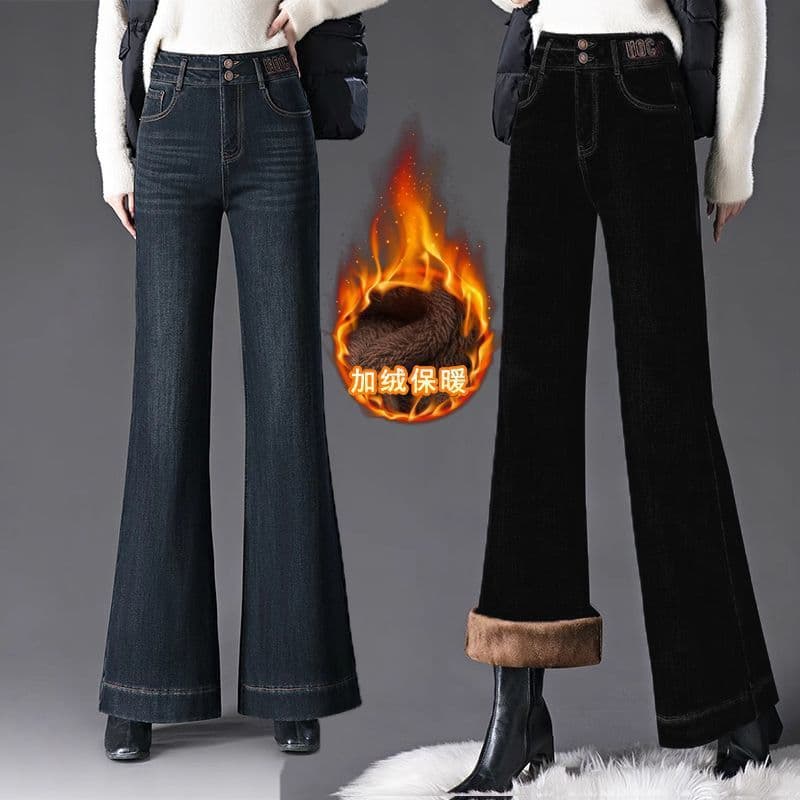 Winter Micro-Flare Jeans for Women New Fleece-Lined Thickened Wide-Leg Bell-Bottom Pants Slimming Straight High-Waist Autumn Winter Pants