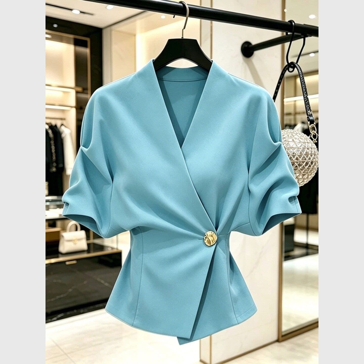 Korean Style Fashion V-Neck Short-Sleeve Blouse for Women Summer 2026 New Design Slimming Waist-Cinching Versatile Top