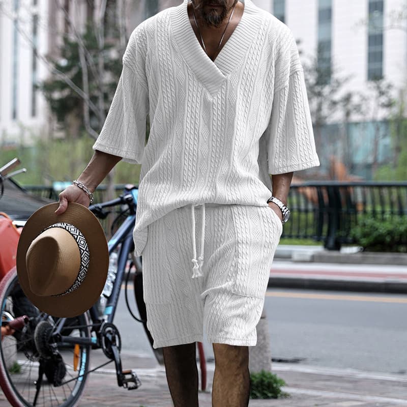 Cross-border Men's Casual Knit T-Shirt Summer Loose Short Sleeve Amazon Loose Deep V-Neck Solid Color Sports T-Shirt