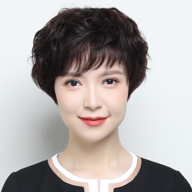 Short Wig for Women, Middle-Aged and Elderly Mothers, Full Wig with Real Hair for Gray Hair Coverage, Curly Voluminous Wig, Factory Stock Wholesale