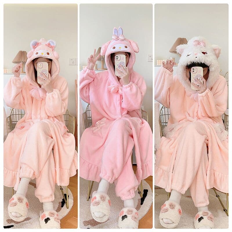 Cartoon Melody Mary Cat Bathrobe Sleepwear Set for Women Anime Homewear Pajamas Robe