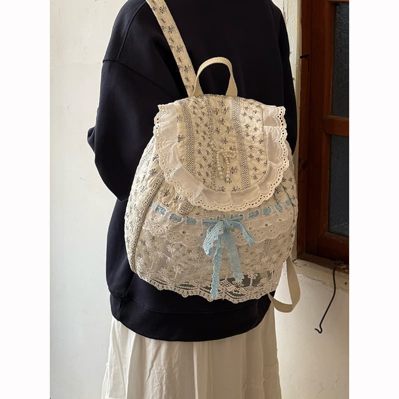 Large Capacity Floral Bow Backpack Lace Commuter Casual Women's Korean Style School Bag