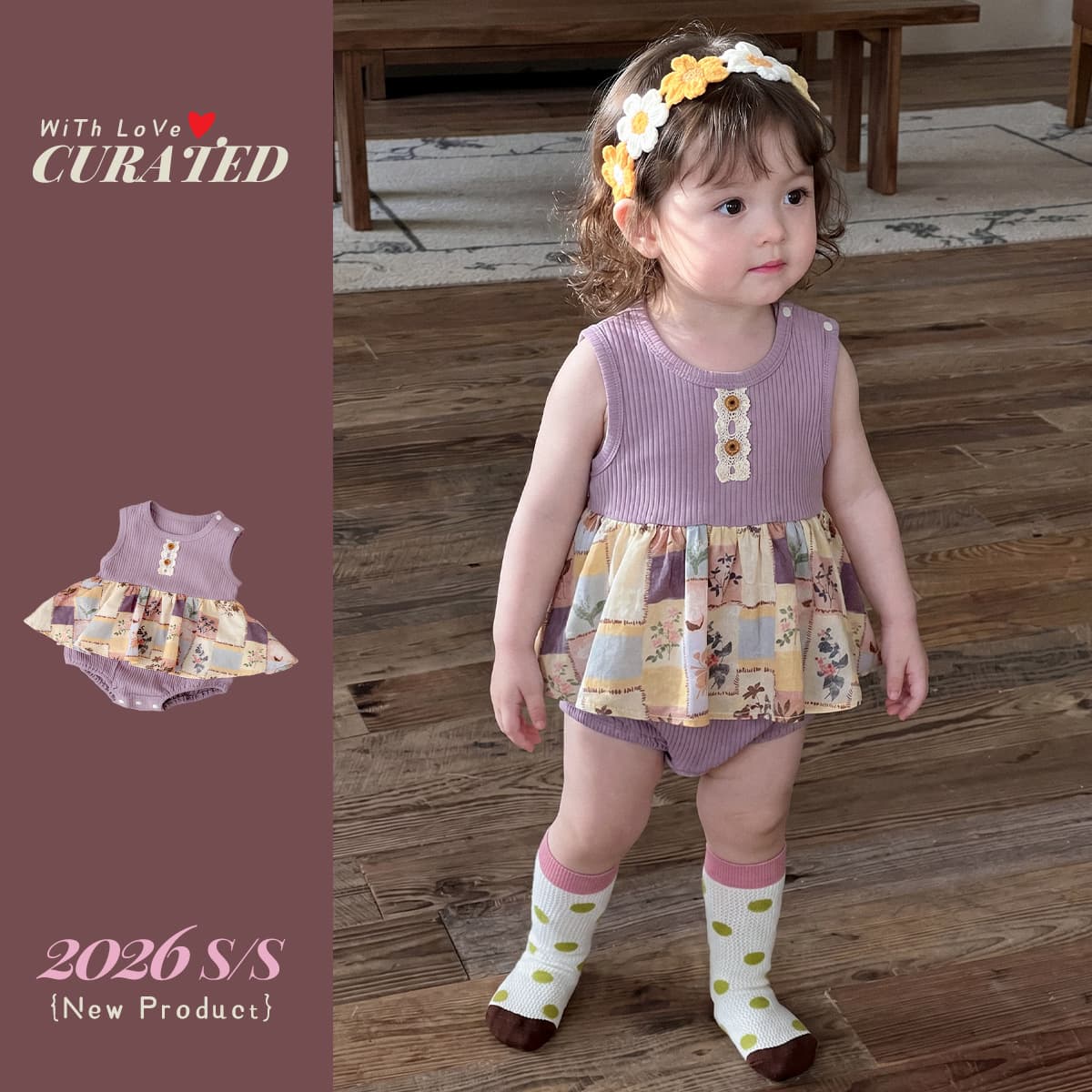 Baby girl's summer French jumpsuit girl's pit striped floral stitching romper suit newborn summer outing suit