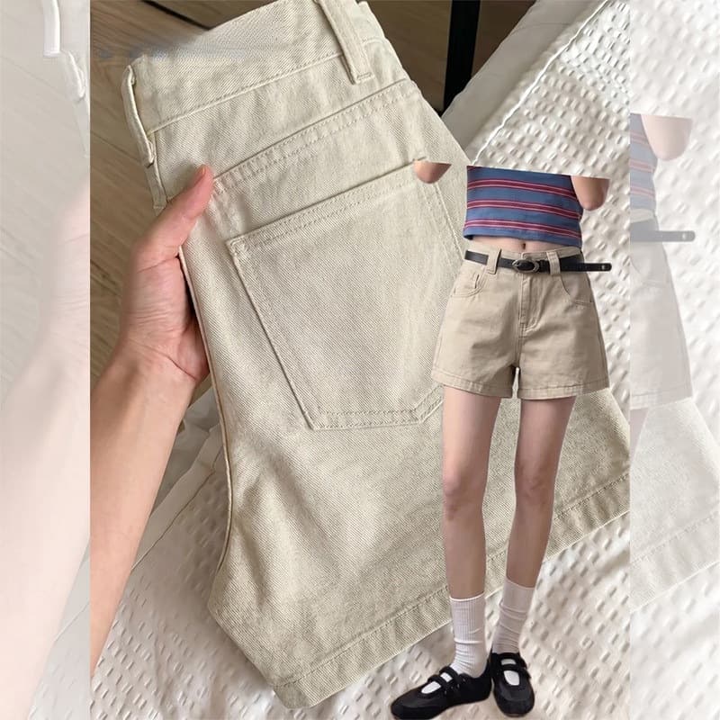 American Style Off-White Denim Shorts for Women 2026 Summer New High-Waist Slimming Loose Casual Wide-Leg Hot Pants