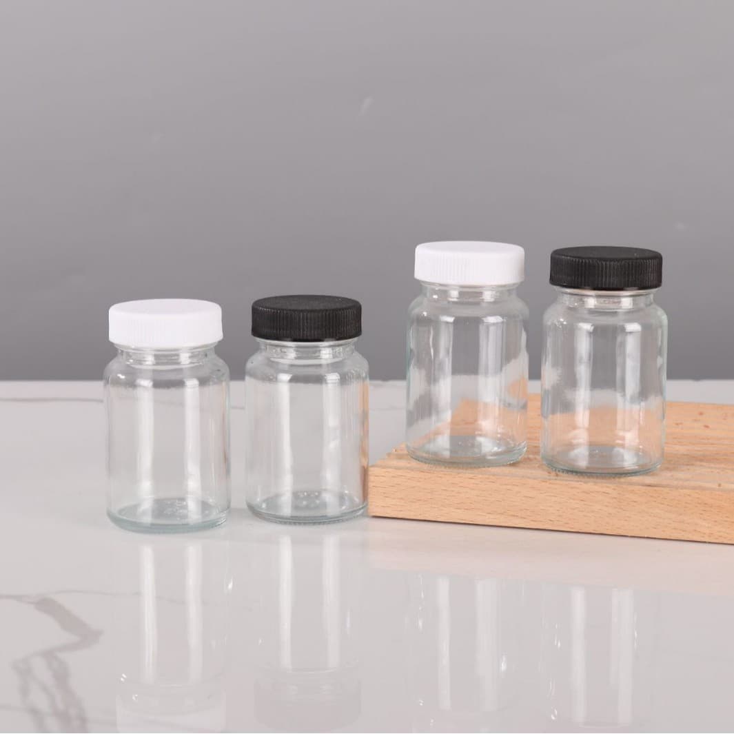 2oz transparent glass capsule bottles with wide mouth and lid, small size for juice and cordyceps, 60ml.