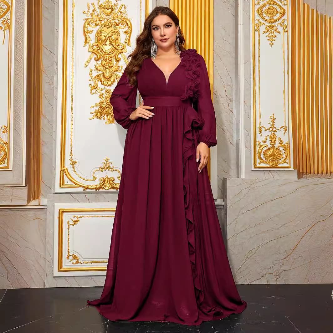 Women's Plus Size Ball Gown 3D Lace Lantern Sleeve V-Neck Chiffon Elegant Evening Dress - FSSN228-1
