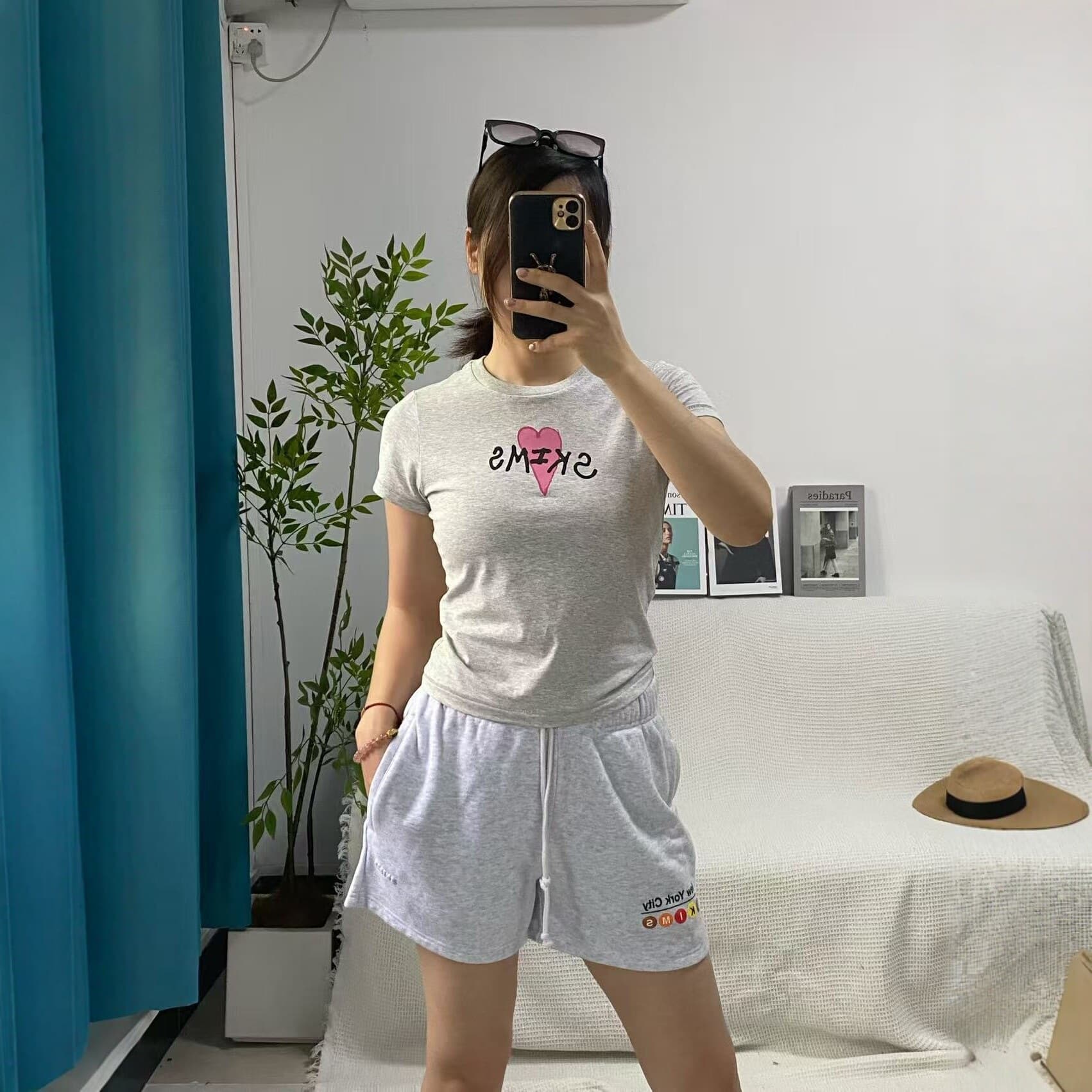 SKIM Style Letter Heart Print Short-Sleeve T-Shirt for Women 2024 New Slim Fit Crew Neck Crop Top Spring/Summer