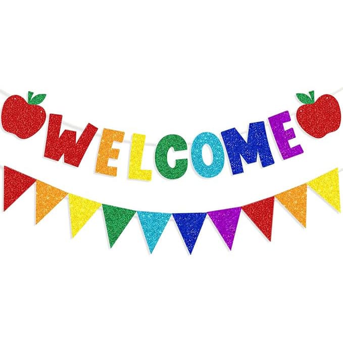 Welcome banner with apple logo colorful shiny pennant banner
