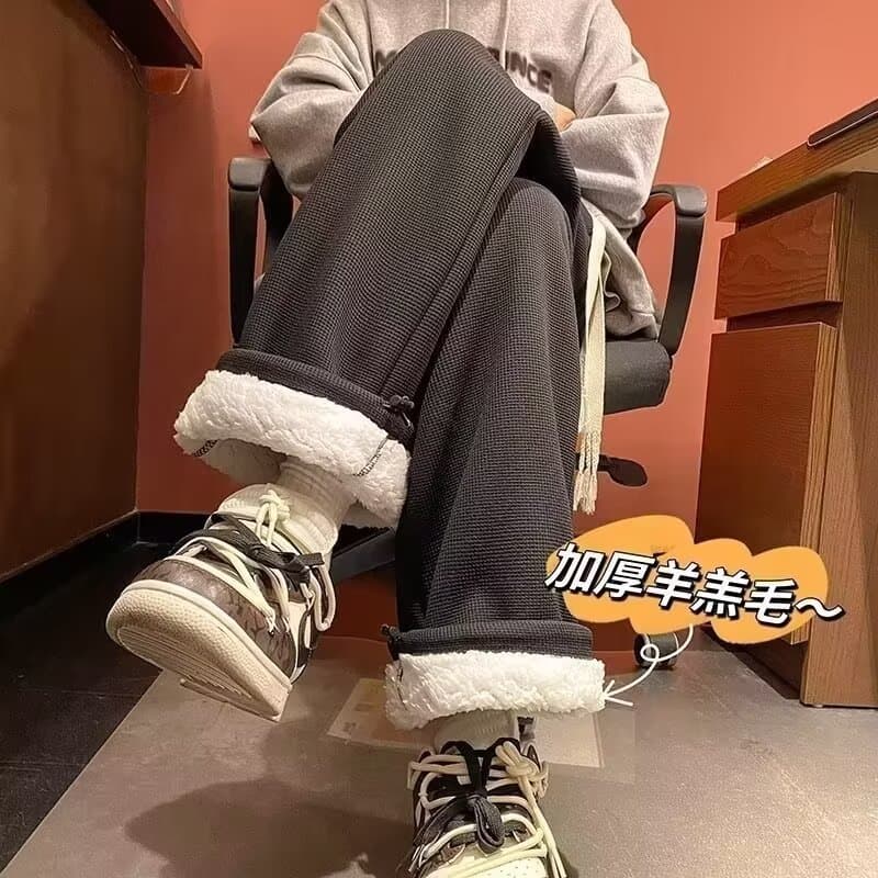 Men's Fleece Sweatpants for Fall/Winter, Thickened and Lined Casual Wide-Leg Warm Pants, Unisex Streetwear Cotton Pants