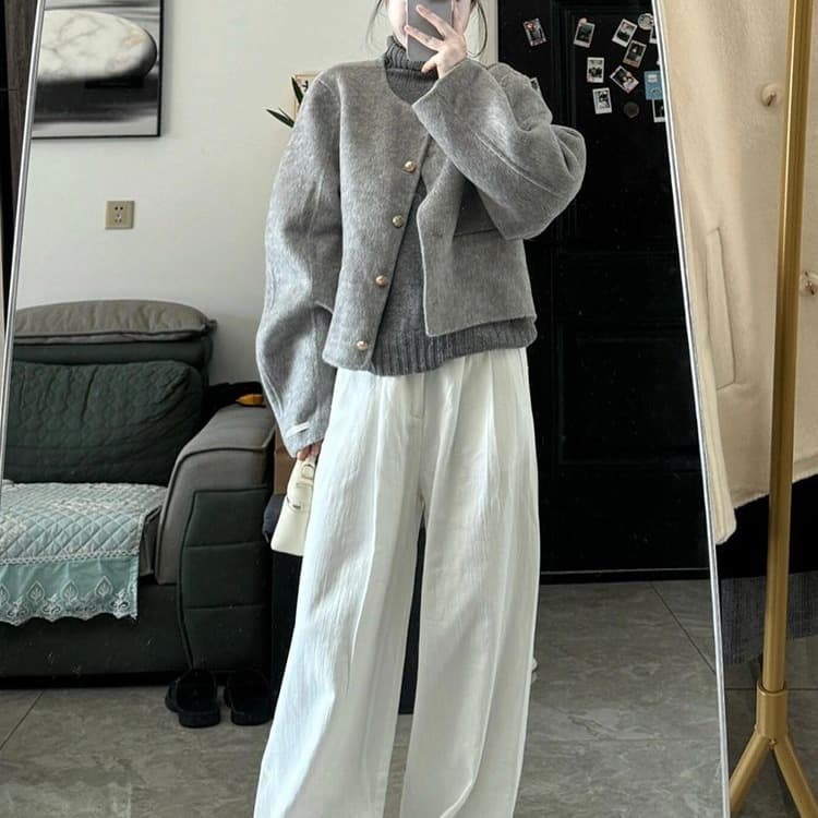 Korean-style Thick Gray Coat for Women, Autumn/Winter 2025 New Petite Tweed Wool Blend Coat with Spandex