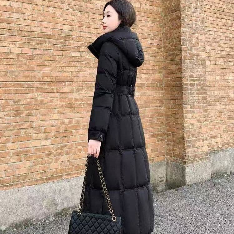 2025 Winter New Black Mid-length Versatile Waist-cinching Down Cotton Jacket Women's Thickened Knee-length Cold-proof Coat Trendy