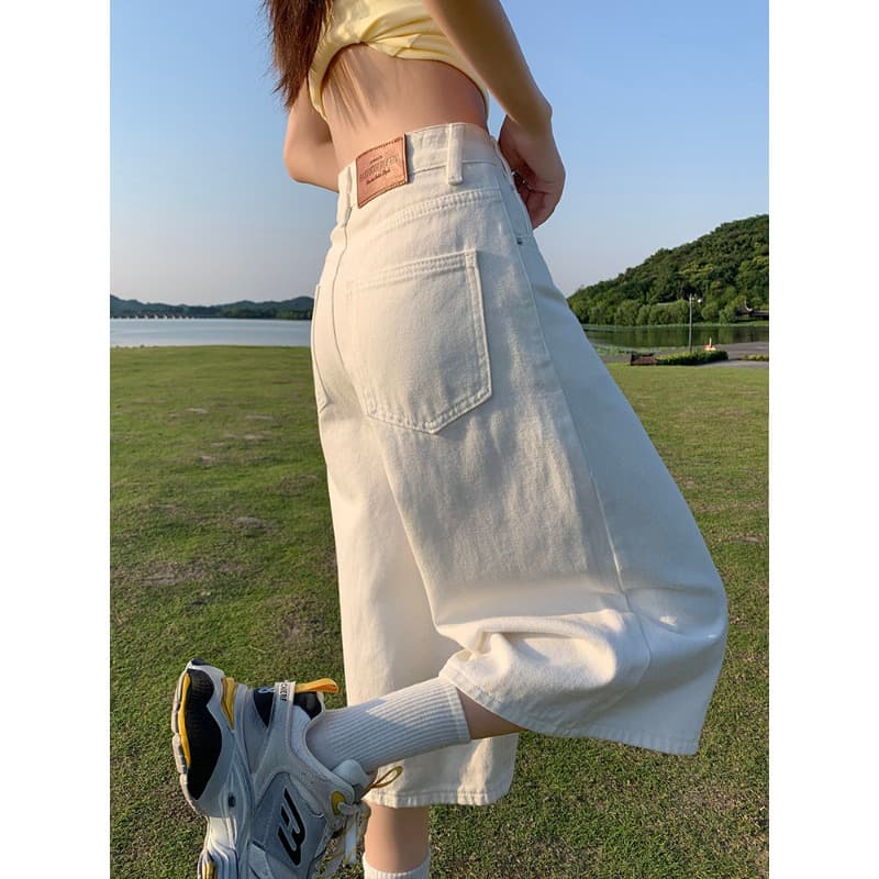 Summer thin wide-leg cropped jeans for women with pear-shaped bodies, mid-length shorts for small people, half-pants, white pants