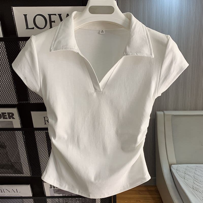 Cotton Short Sleeve Summer Design Sense Niche Pleated American Hot Girl Slim Short Top Women's Slimming Blouse