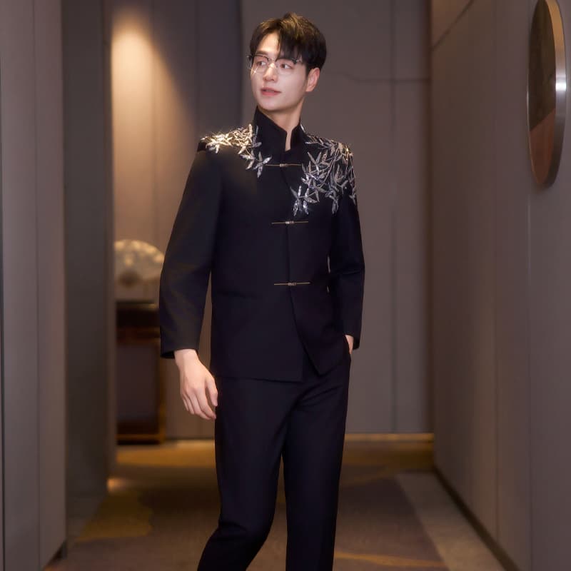 New Chinese-style national attire Zhongshan suit bamboo leaf airplane button stand-up collar suit jacket, men's high-end wedding and bridal pickup outfit.