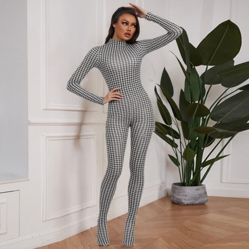 2026 cross-border European and American style autumn and winter new women's fashion printed high collar long sleeve sexy high waist slim fit jumpsuit