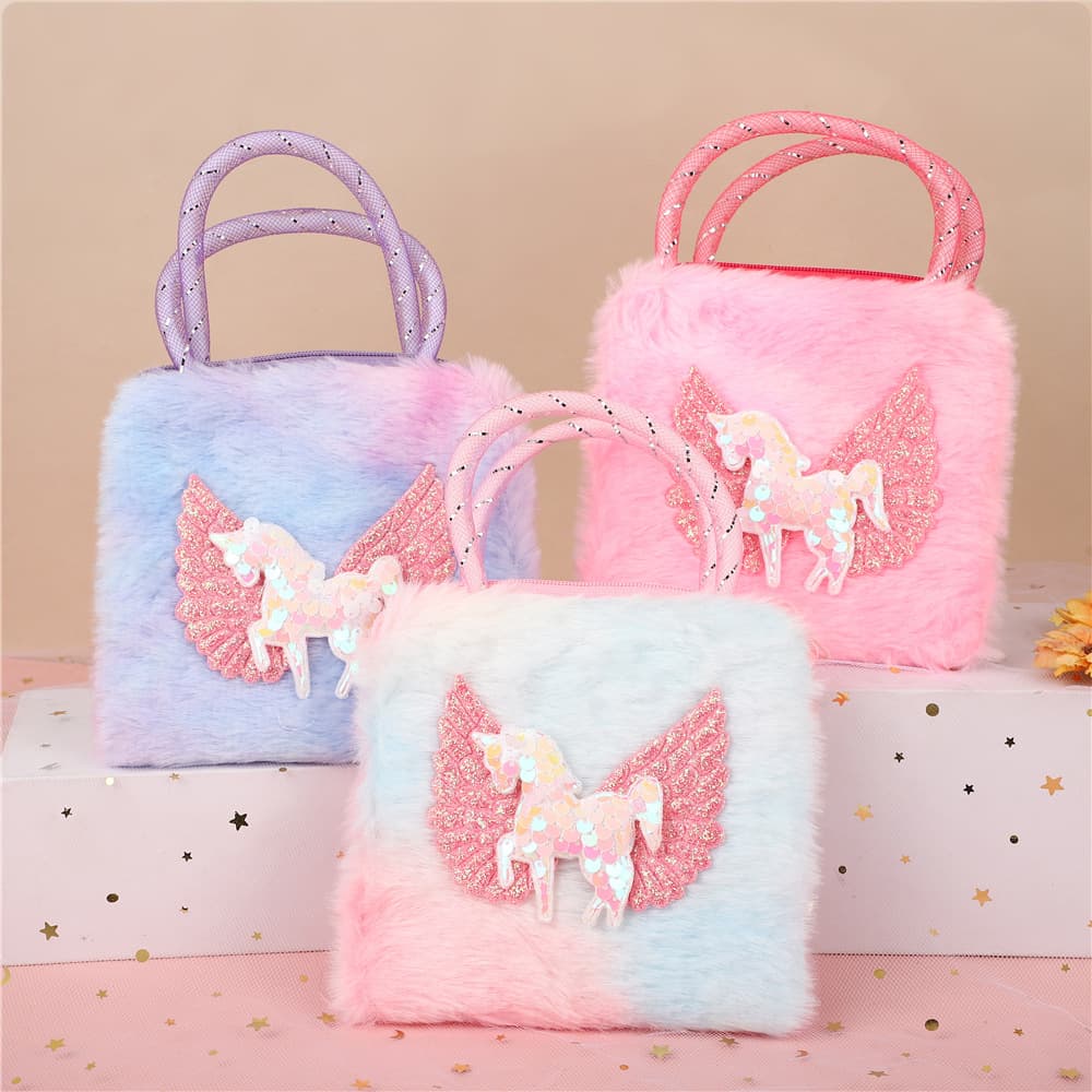 Colorful Plush Unicorn Kids Crossbody Bag Single Shoulder Storage Coin Purse Cute Girl Cartoon Pattern Polyester Lining Daily Use