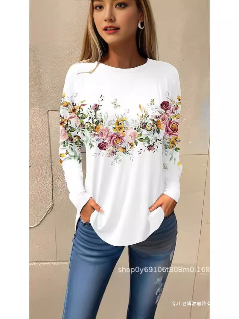 2023 Fall/Winter Round Neck Printed Casual Loose Long Sleeve Women's Top Plus Size Printed Cross-border Amazon
