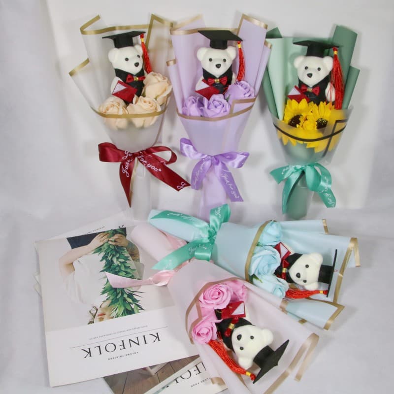 Cross-border Graduation Doctor Bear Three Roses Sunflower Soap Bouquet Valentine Mother and Teacher’s Day Creative Gift