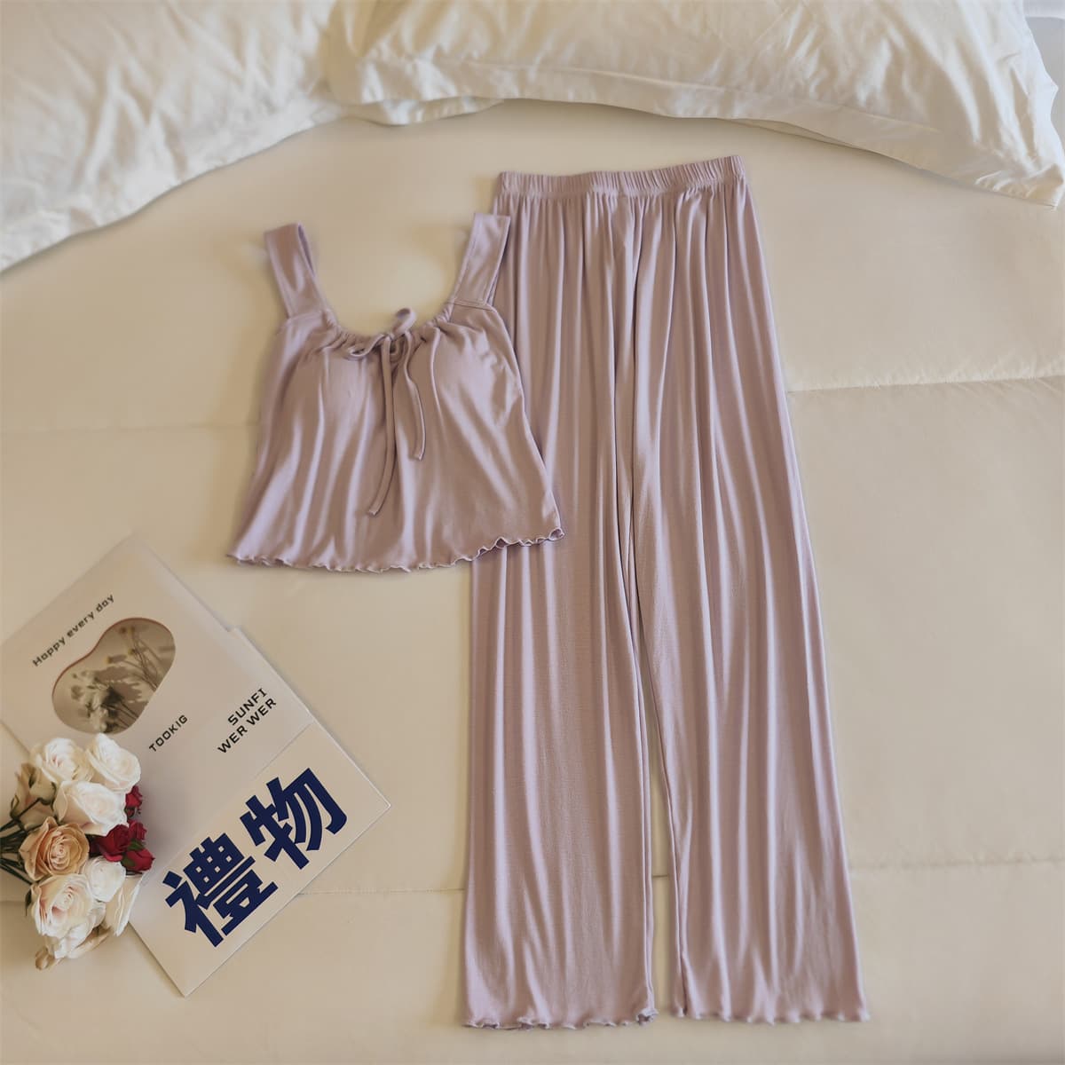 Women's Pajama Set with Padded Top, Summer Camisole and Pants, Two-Piece Thin Style for All Seasons, Sexy Trendy Modal Loungewear